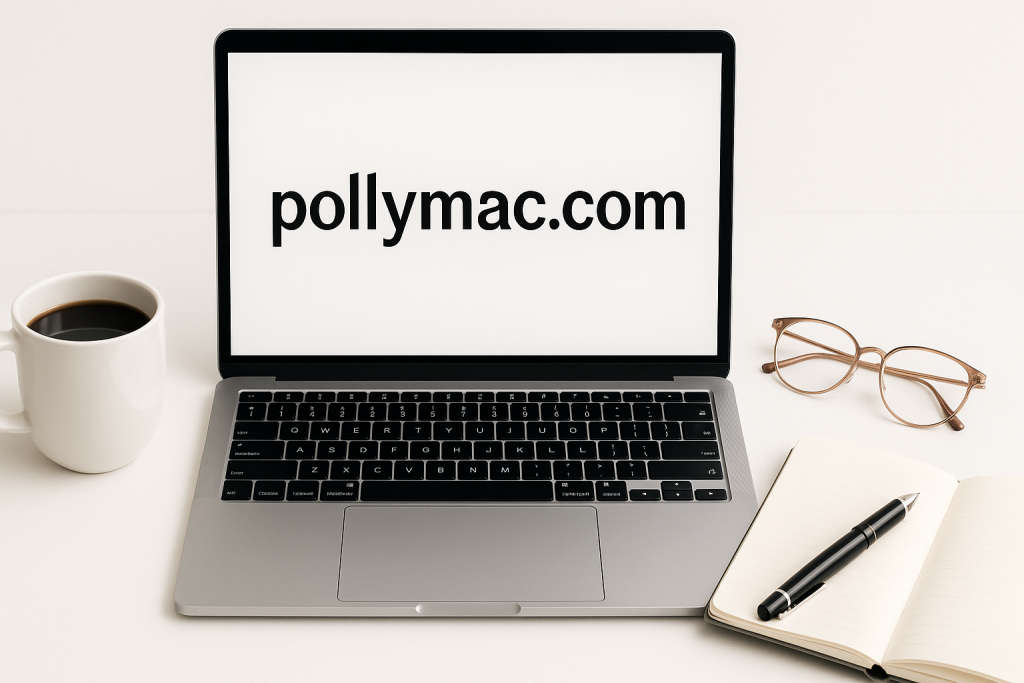Laptop computer open with pollymac.com on the screen